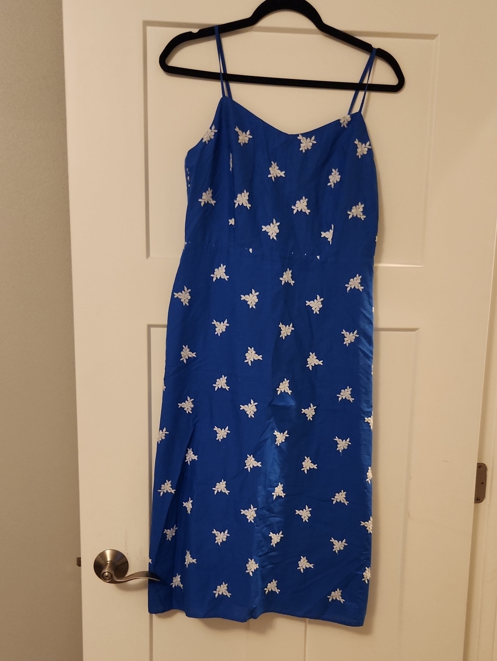 J. Crew Factory Blue Midi Slip Dress with White Floral Embroidery